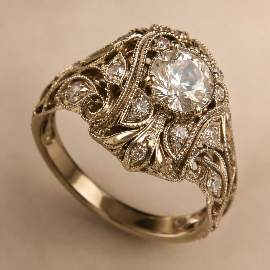 A retro women's ring made of mixed metal, highly ornate, intricate and elaborate, richly detailed. ein weiß goldener Ring der mehr in Richtung Gold geht, welcher sehr an alte Zeiten erinnert
photorealistic jewelry design, A retro women's ring made of mixed metal, highly ornate, intricate and elaborate, richly detailed. ein weiß goldener Ring der mehr in Richtung Gold geht, welcher sehr an alte Zeiten erinnert, retro style, just the design no text