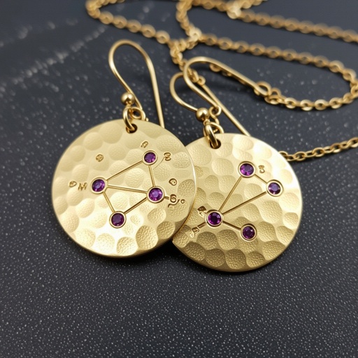 Серьги длинные на цепочках матовое золото мятое. Символ схематично созвездие. Маленькие фиолетовые камушки