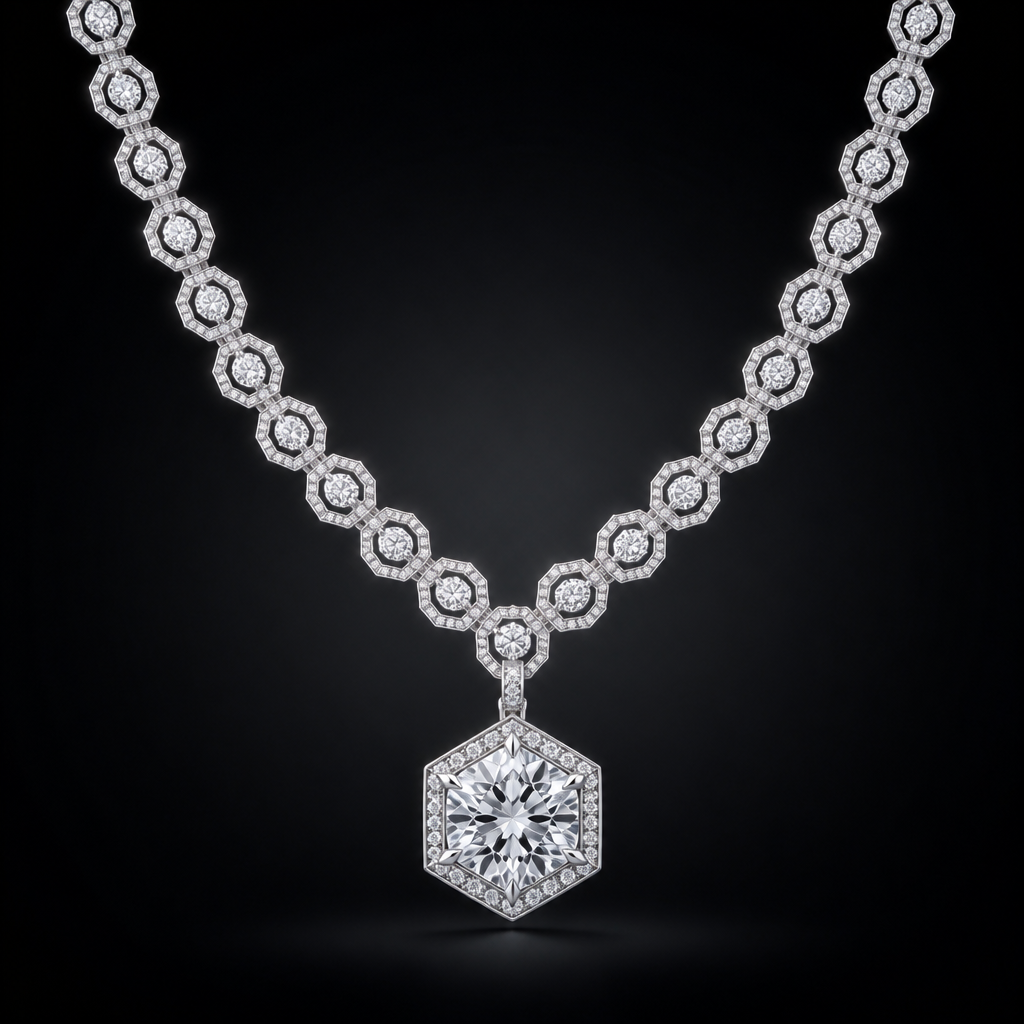 A luxury women's necklace made of silver with diamond stones. a necklace with a hexagon chain design and diamond inside with a big hexagon shape diamond as the pendant
photorealistic jewelry design, A luxury women's necklace made of silver with diamond stones. a necklace with a hexagon chain design and diamond inside with a big hexagon shape diamond as the pendant, luxury style, just the design no text
