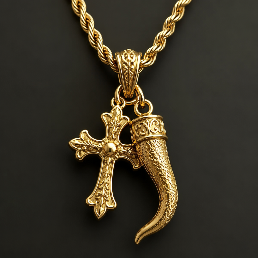 A pendant men's necklace made of gold, detailed and decorative, moderately ornate. mafia cross and italian horn necklace
photorealistic jewelry design, A pendant men's necklace made of gold, detailed and decorative, moderately ornate. mafia cross and italian horn necklace, pendant style, just the design no text
