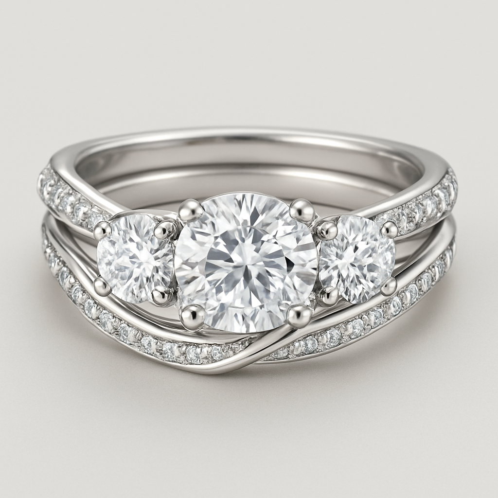 3 stone round 4 carat twisted pave band with wedding band