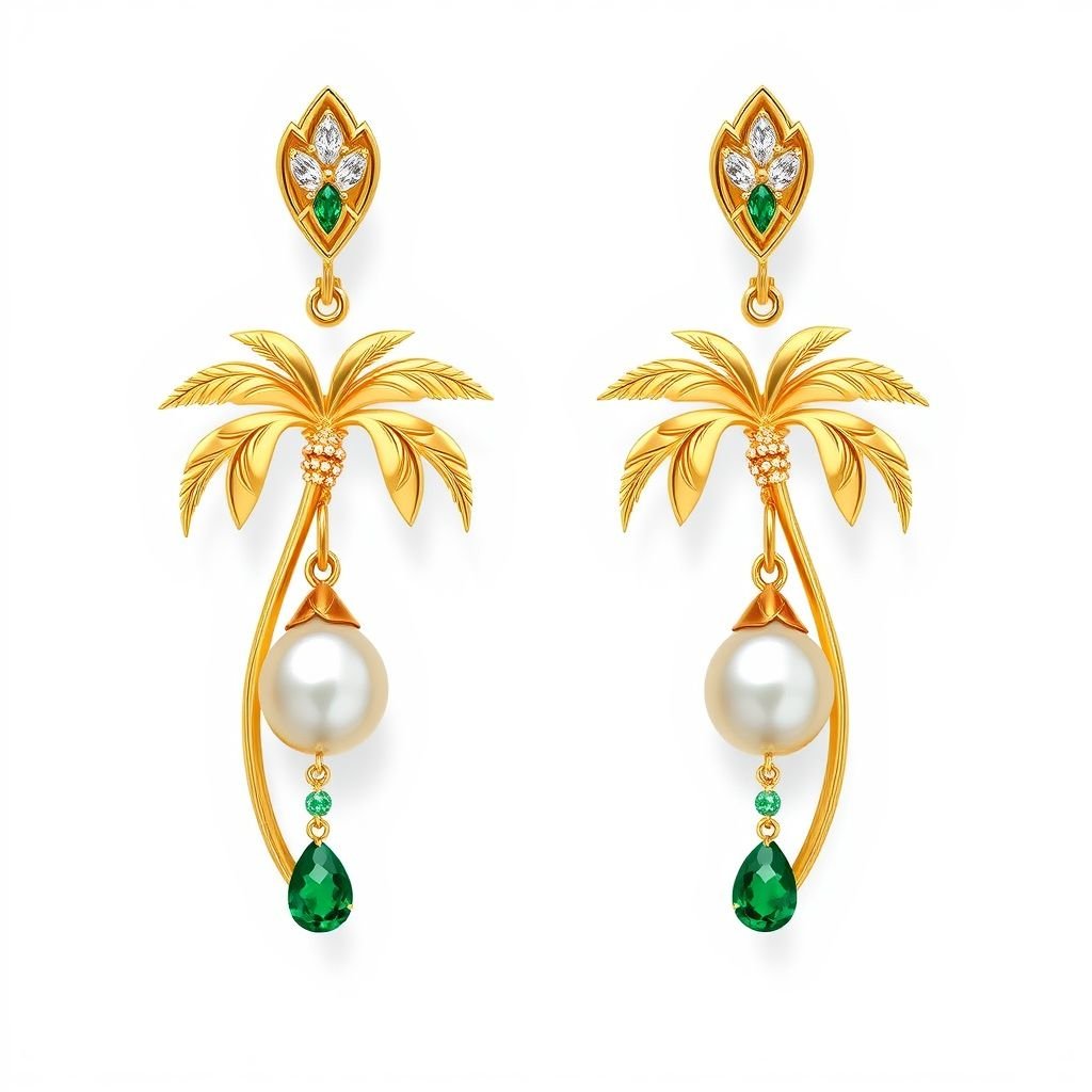 It has to be more realistic and pearls added are small could have a dangling gemstone And this piece has to be modern with emerald and Bahrain pearls I want to create an elegy piece of earrings that look time a palm tree to reflect the cultural heritage of Bahrain in a design very unique one of a few kind incite gold petals and gemstones