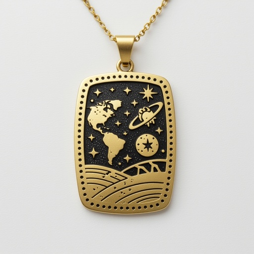 Золотой матовый медальон в форме неровного прямоугольника с округлыми краями. По краям выпуклые точки сплошной линией. На прямоугольнике разные мелкие узоры вырезаны. Символически изображена земля и звезды