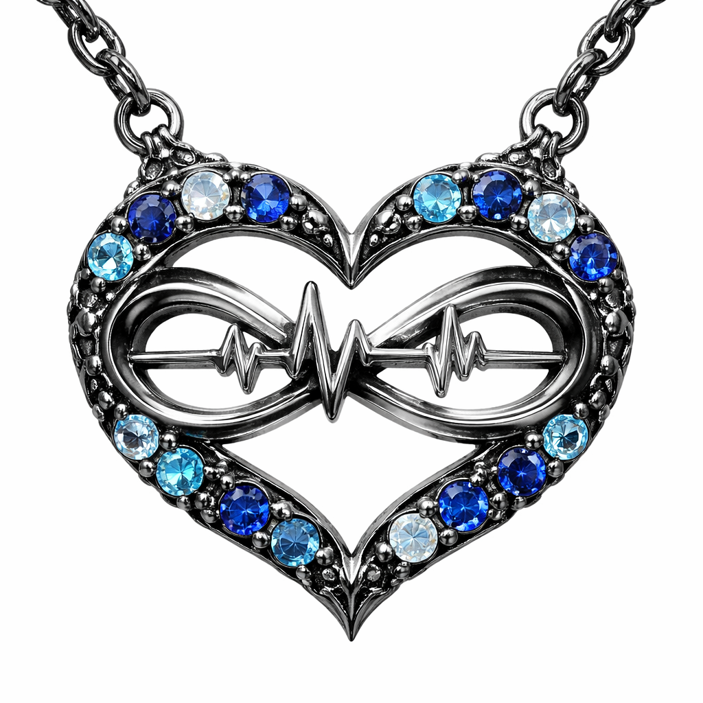 A heart necklace with the infinity symbol and heartbeat wave with alternating March, September and December birthstones all the way around the heart and infinity symbol