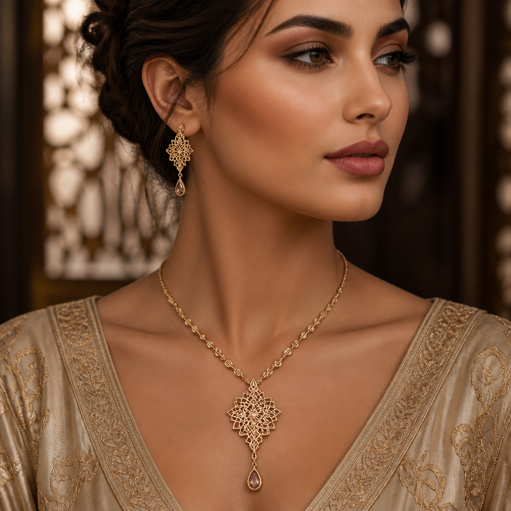 حط العقد على المودل
photorealistic jewelry design, حط العقد على المودل, islamic style, just the design no text