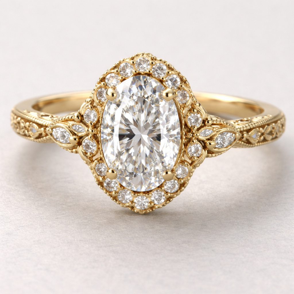 Gold vintage engagement ring oval diamond with a halo and hidden halo connected by a basket and a thin leaf eternity band and floral and art deco elements