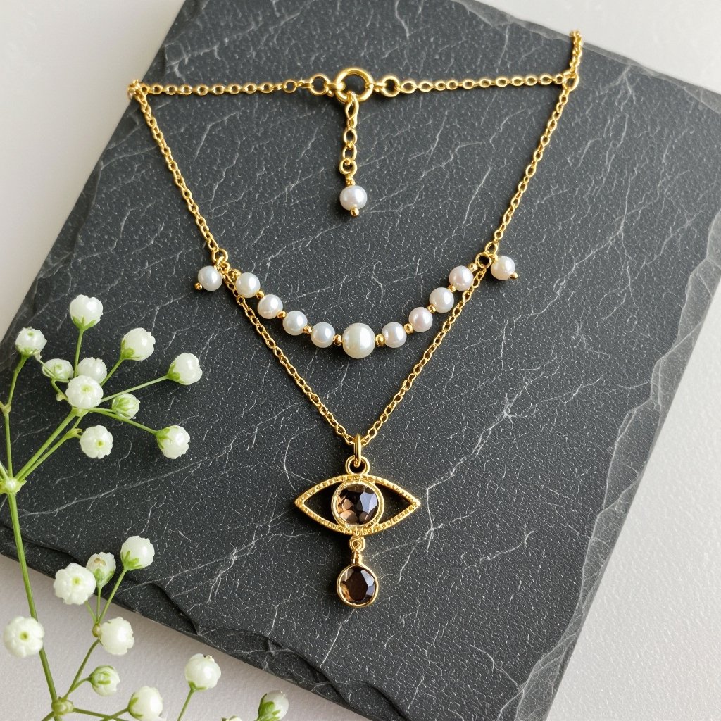 Тонкая цепочка с золотыми шариками и мелкими жемчужными камушками на цепочке есть кулон в форме глаза, зрачок глаза из раухтопаза от глаза идет маленькая подвеска с маленьким камушком 