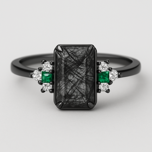 Skinny medium length Hexagon cut Black rutilated quartz with 1 emerald on each side and 3 moissanite on each side accent stones in a cluster on a black band
