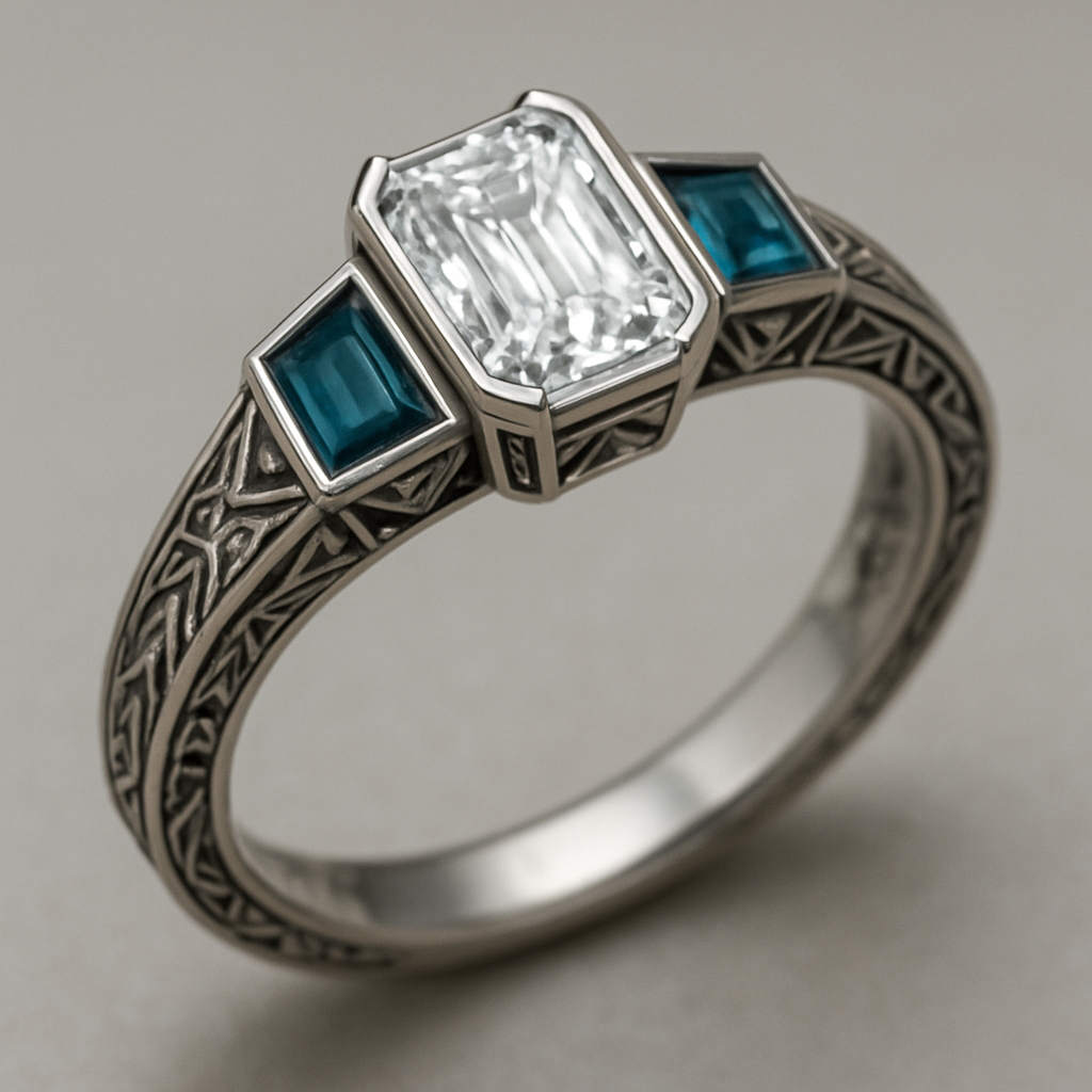 A platinum engagement ring with an elongated radiant diamond center stone half bezel set and elongated coffin shaped teal sapphire side stones and geometric engraving