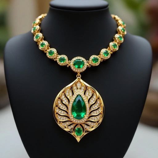 Make an inverted peepal leaf jewellery necklace with luxurious appearance and the peepal leaf should be large occupying the centre with emeralds 