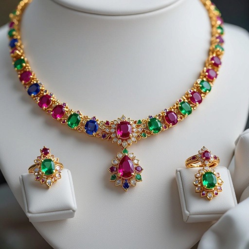 Necklace and ring and earring with luxury colorful jewel with gold