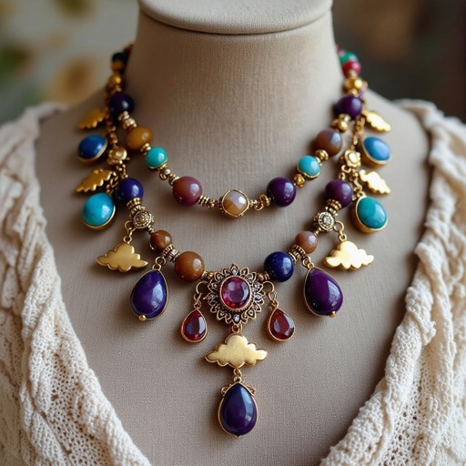 Necklace with plums and clouds, brown and blue