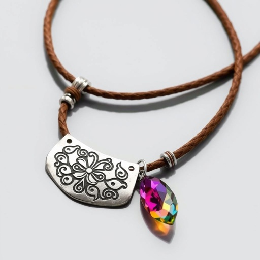 Classic necklace on thick leather cord with big silver pendant and crystal stone charm 