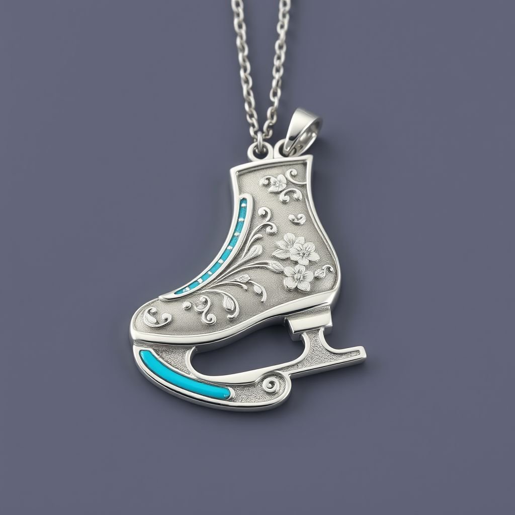Silver Pendant shape one ice skate with turquoise stripe inside the low thin part blade