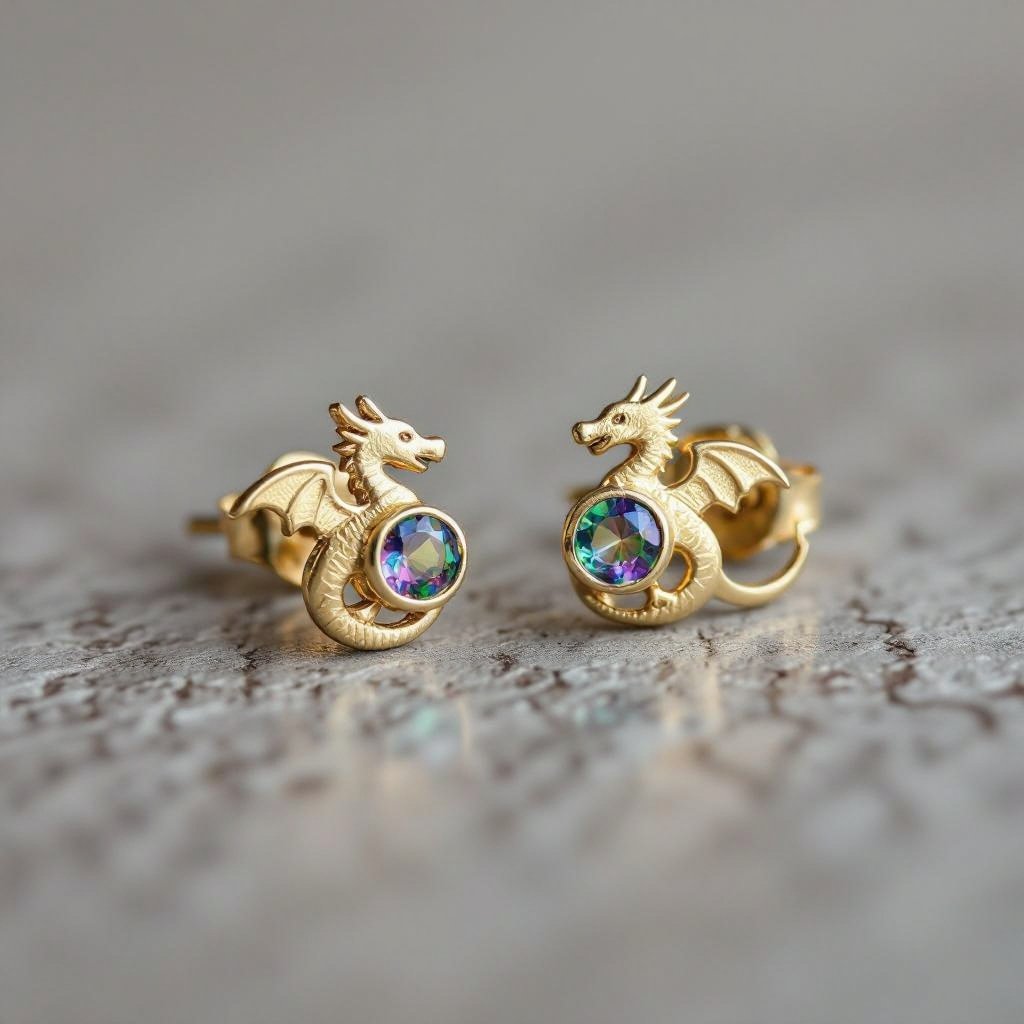 Золотые матовые серьги с изображением дракона узоры и камни мелкие раузтопаз