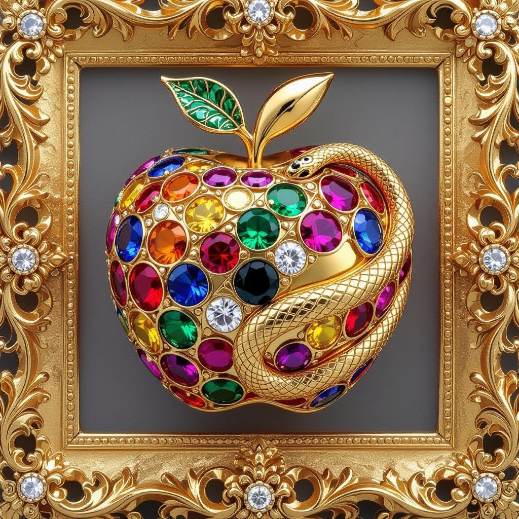 An apple gold frame climbed by a serpent on the side from gold and designed with colorful gems