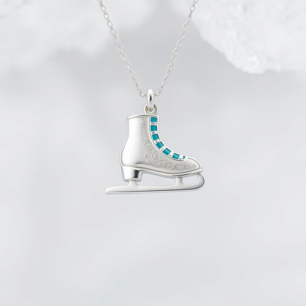 Silver Pendant shape one ice skate with turquoise stripe inside the low thin part blade 