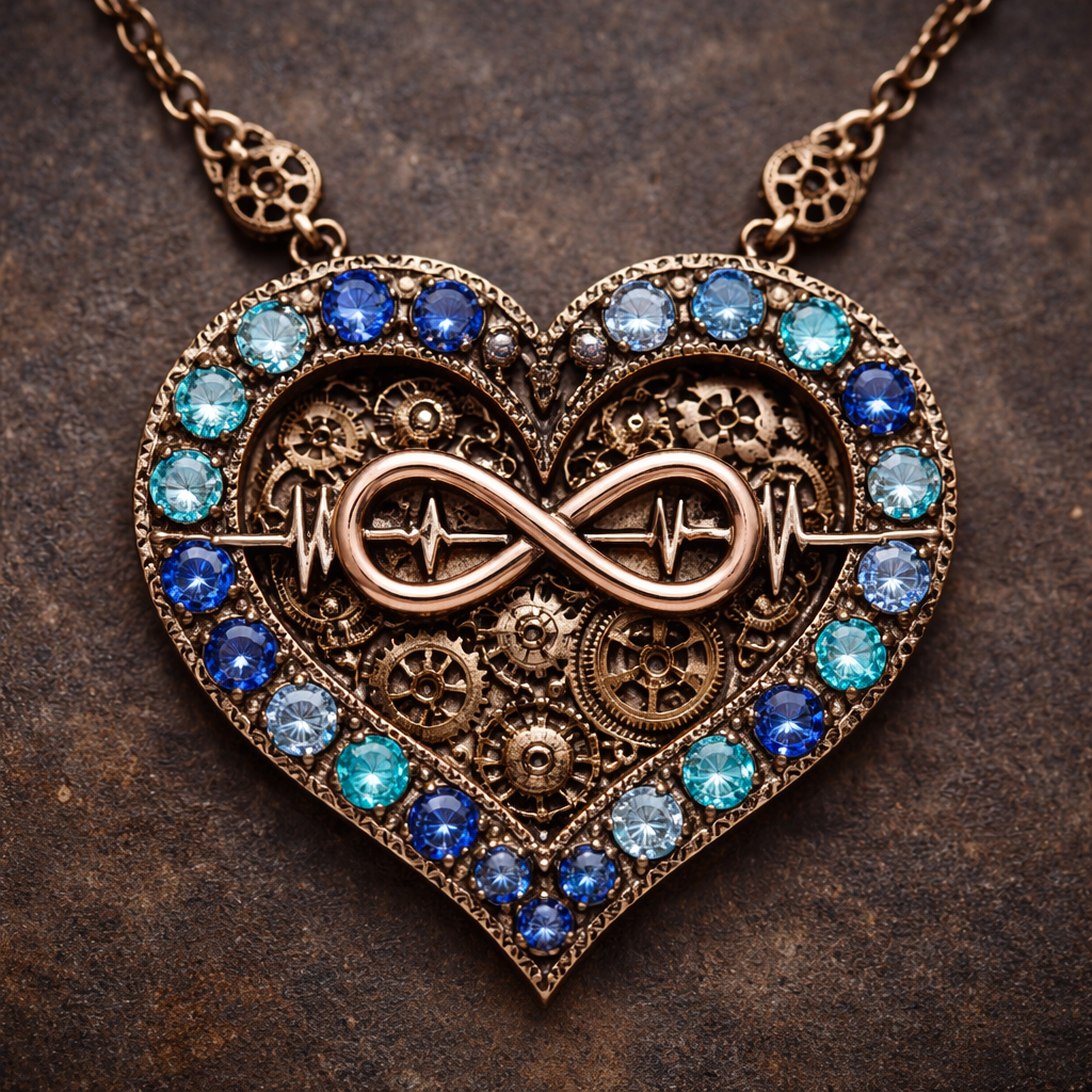 A heart necklace with the infinity symbol and heartbeat wave with alternating March, September and December birthstones all the way around the heart and infinity symbol