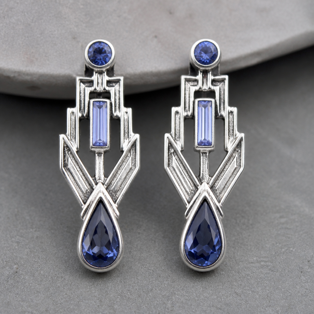 A art deco women's earrings made of silver suitable for daily wear. create earing with theses color sapphires. with using a silver clay
photorealistic jewelry design, A art deco women's earrings made of silver suitable for daily wear. create earing with theses color sapphires. with using a silver clay, art_deco style, just the design no text