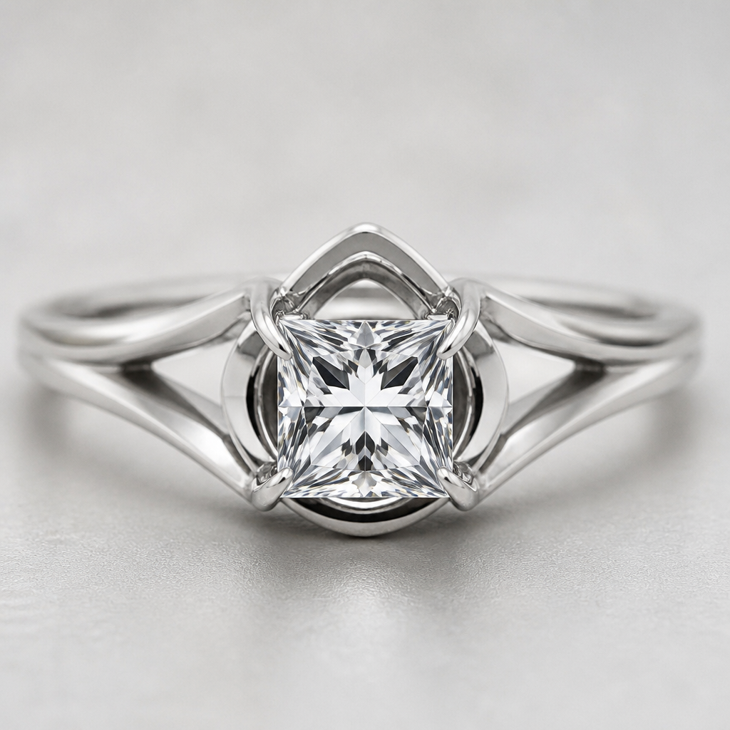 square cut diamond in unique design silver setting womens
photorealistic jewelry design, square cut diamond in unique design silver setting womens, just the design no text