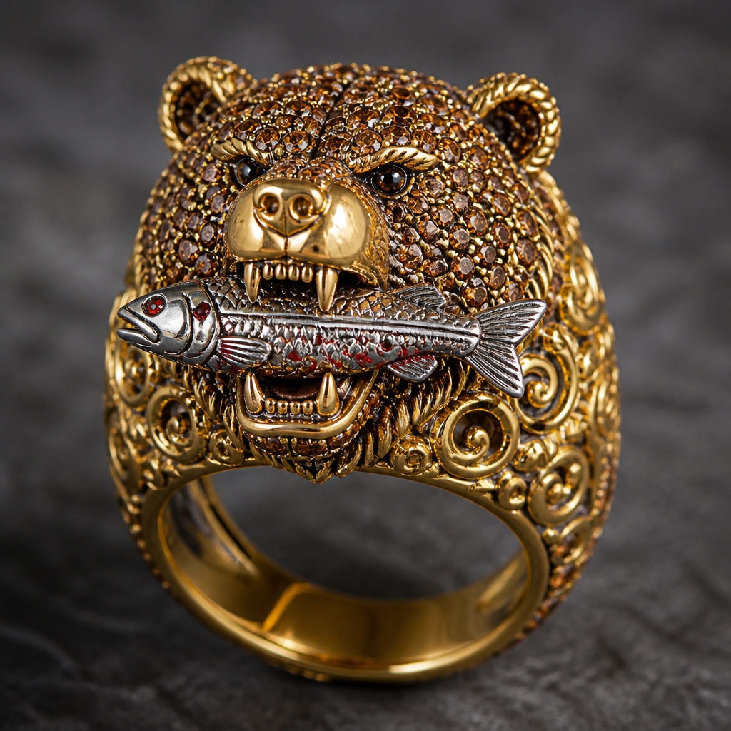 A luxury women's ring made of gold, highly ornate, intricate and elaborate, richly detailed. em cima da dedeira uma cabeça de urso com a cabeça pra cima com expressão brava cravejado com pedras marrom, e na dele boca um peixe de prata com algumas gotinhas vermelhas
photorealistic jewelry design, A luxury women's ring made of gold, highly ornate, intricate and elaborate, richly detailed. em cima da dedeira uma cabeça de urso com a cabeça pra cima com expressão brava cravejado com pedras marrom, e na dele boca um peixe de prata com algumas gotinhas vermelhas, luxury style, just the design no text