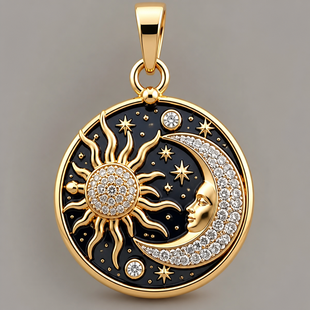 A women's pendant, detailed and decorative, moderately ornate. sun moon stars purse charm with rhinestones
photorealistic jewelry design, A women's pendant, detailed and decorative, moderately ornate. sun moon stars purse charm with rhinestones, modern style, just the design no text