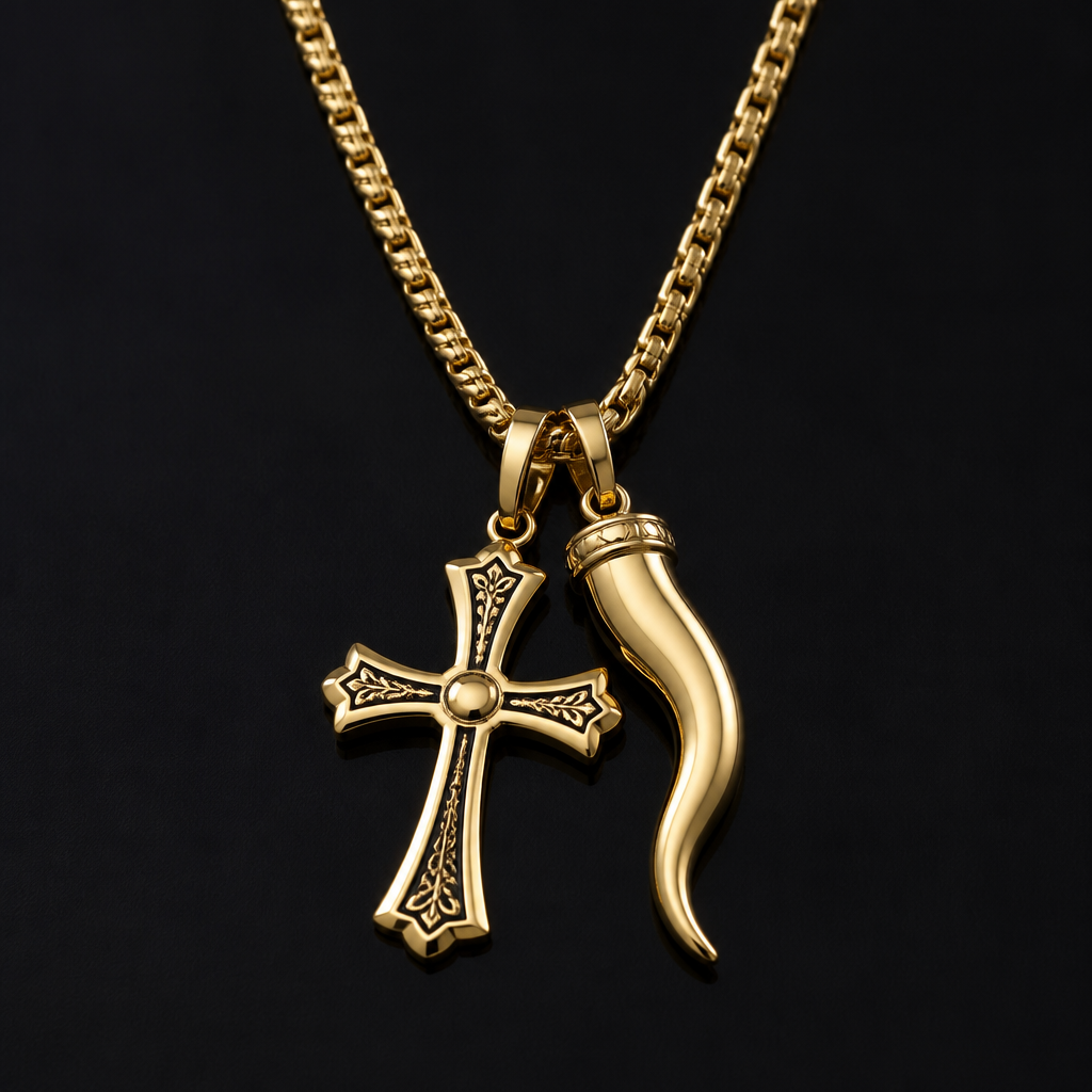 A modern men's necklace made of gold. mafia cross and italian horn necklace
photorealistic jewelry design, A modern men's necklace made of gold. mafia cross and italian horn necklace, modern style, just the design no text
