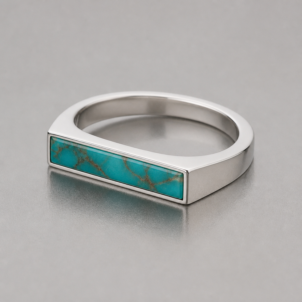 A women's ring made of silver with turquoise stones. a little bit slim rectangular signet ring sharp edges with flush turquoise stone
photorealistic jewelry design, A women's ring made of silver with turquoise stones. a little bit slim rectangular signet ring sharp edges with flush turquoise stone, modern style, just the design no text