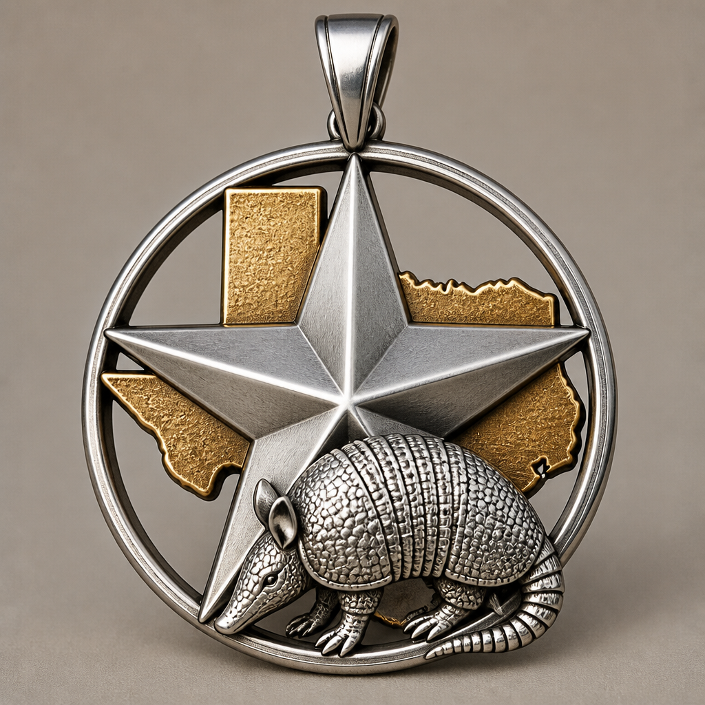 Texas lone star pendant with armadillo and Texas map
photorealistic jewelry design, Texas lone star pendant with armadillo and Texas map , just the design no text