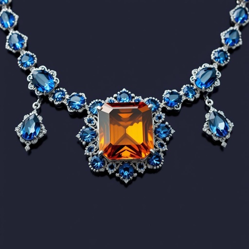 A asscher and Navette cut amber and blue sapphire gemstones, FL IF clarity, 50 carat necklaces