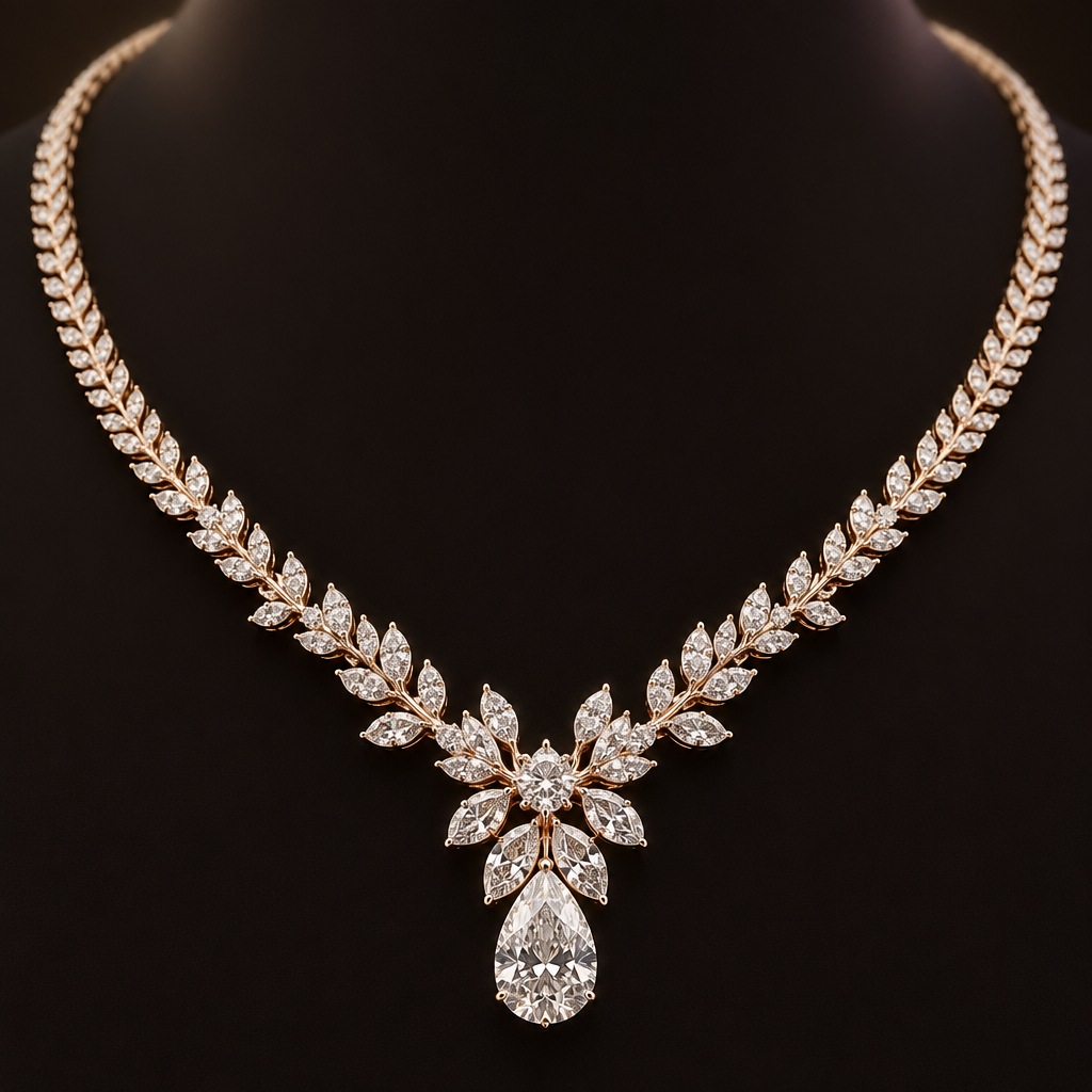 A luxury women's necklace made of rose gold with diamond stones suitable for wedding. a 18 karat rose gold and 5 karat of diamonds
photorealistic jewelry design, A luxury women's necklace made of rose gold with diamond stones suitable for wedding. a 18 karat rose gold and 5 karat of diamonds, luxury style, just the design no text