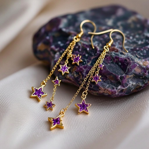 Серьги длинные на цепочках матовое золото мятое. Символ схематично созвездие. Маленькие фиолетовые камушки