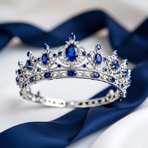 Blue Saphire Stone mit Silber als base und Navy Blue Stoff an einer Krone