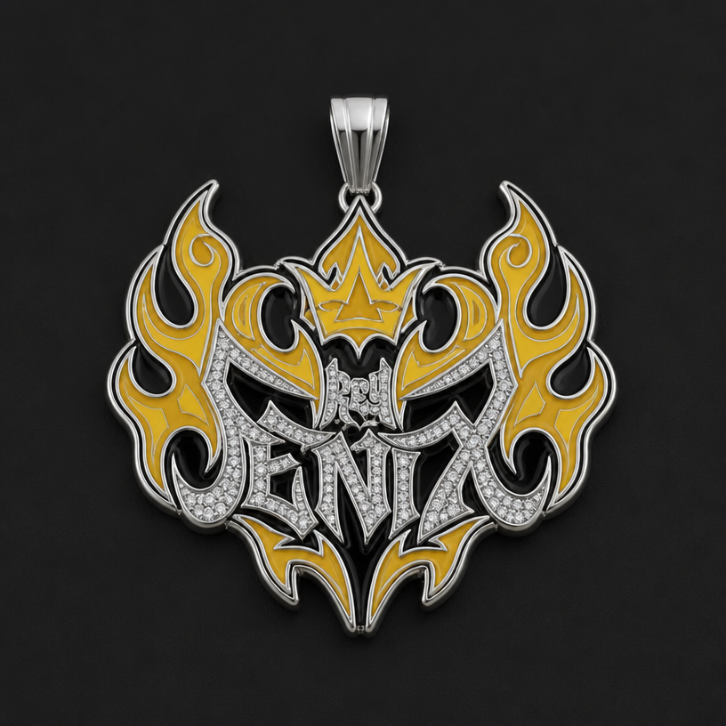A men's pendant made of silver. a 3in wide pendant with the name FENIX in Lab Diamonds and the yellow and black in enamel
using the attached image as a visual reference, create A men's pendant made of silver. a 3in wide pendant with the name FENIX in Lab Diamonds and the yellow and black in enamel. photorealistic, just the design no text