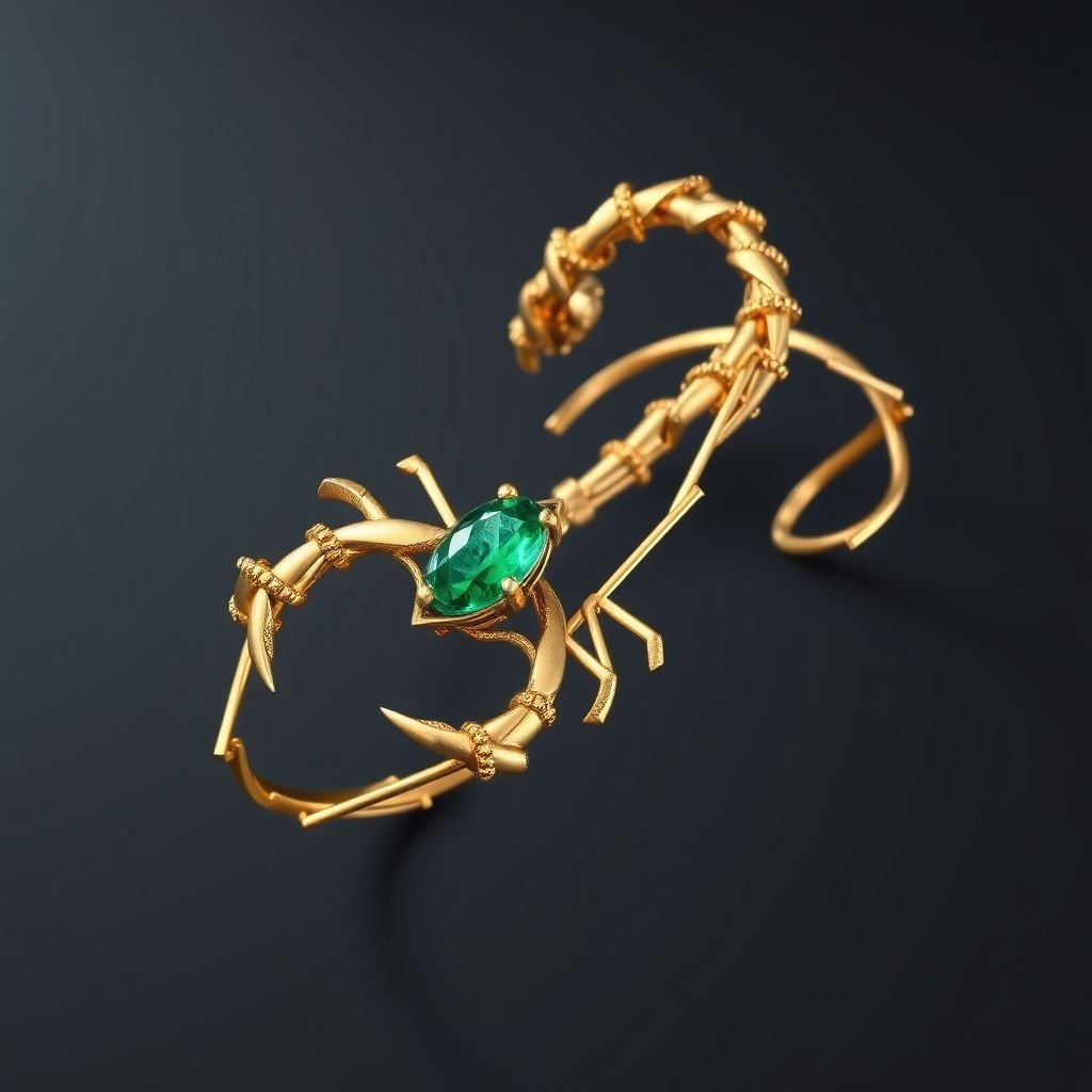 Geomatric scorpion bracelet gold gold accents for contrast. Incorporate a single, oval-cut gemstone-perhaps a striking emerald-set at an unconventional angle, creating a bold focal point that exudes contemporary elegance and sophistication.