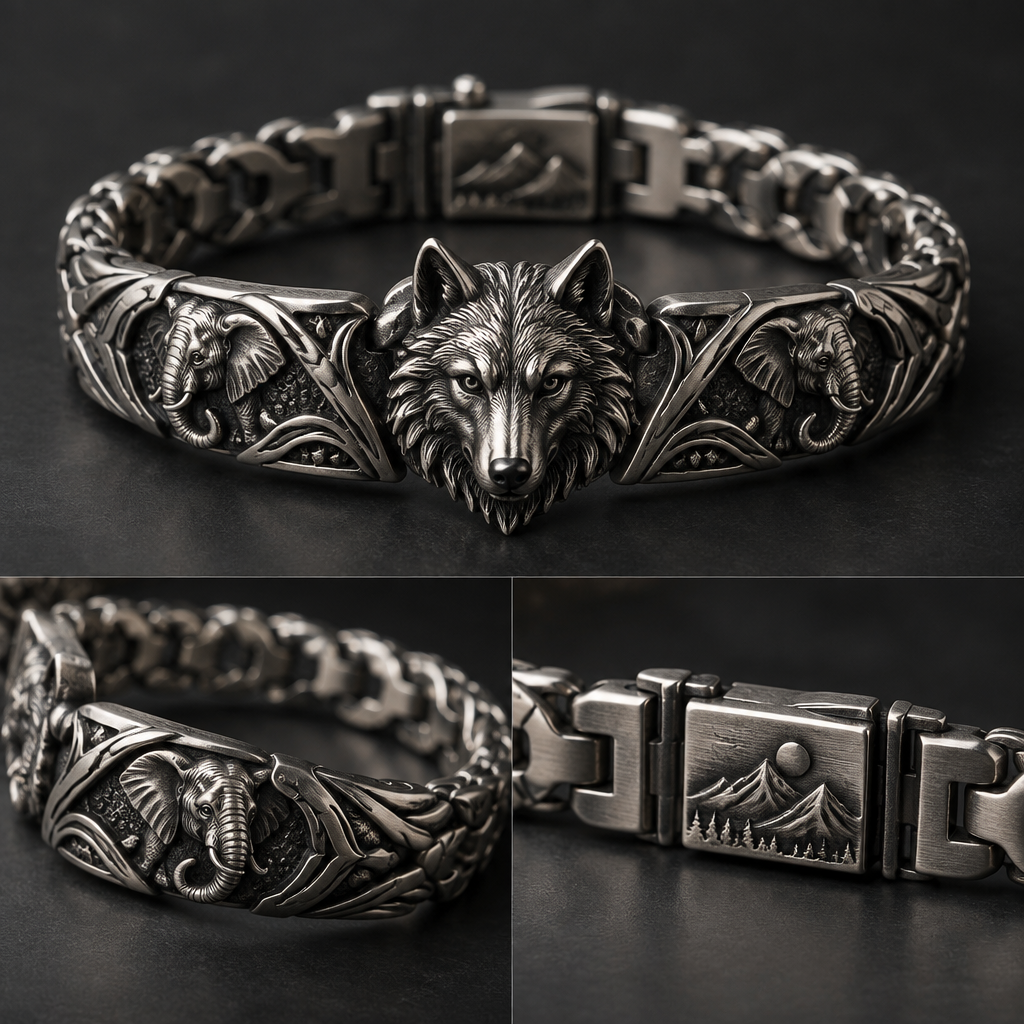 A modern men's bracelet made of silver suitable for gift. necesito una pulsera q representa al lobo , con el nombre Lovillo detrás , elefante y bonita para mi novio , q le guste para ponérselo siempre, y q sea ideal para los hombres
photorealistic jewelry design, A modern men's bracelet made of silver suitable for gift. necesito una pulsera q representa al lobo , con el nombre Lovillo detrás , elefante y bonita para mi novio , q le guste para ponérselo siempre, y q sea ideal para los hombres, modern style, just the design no text