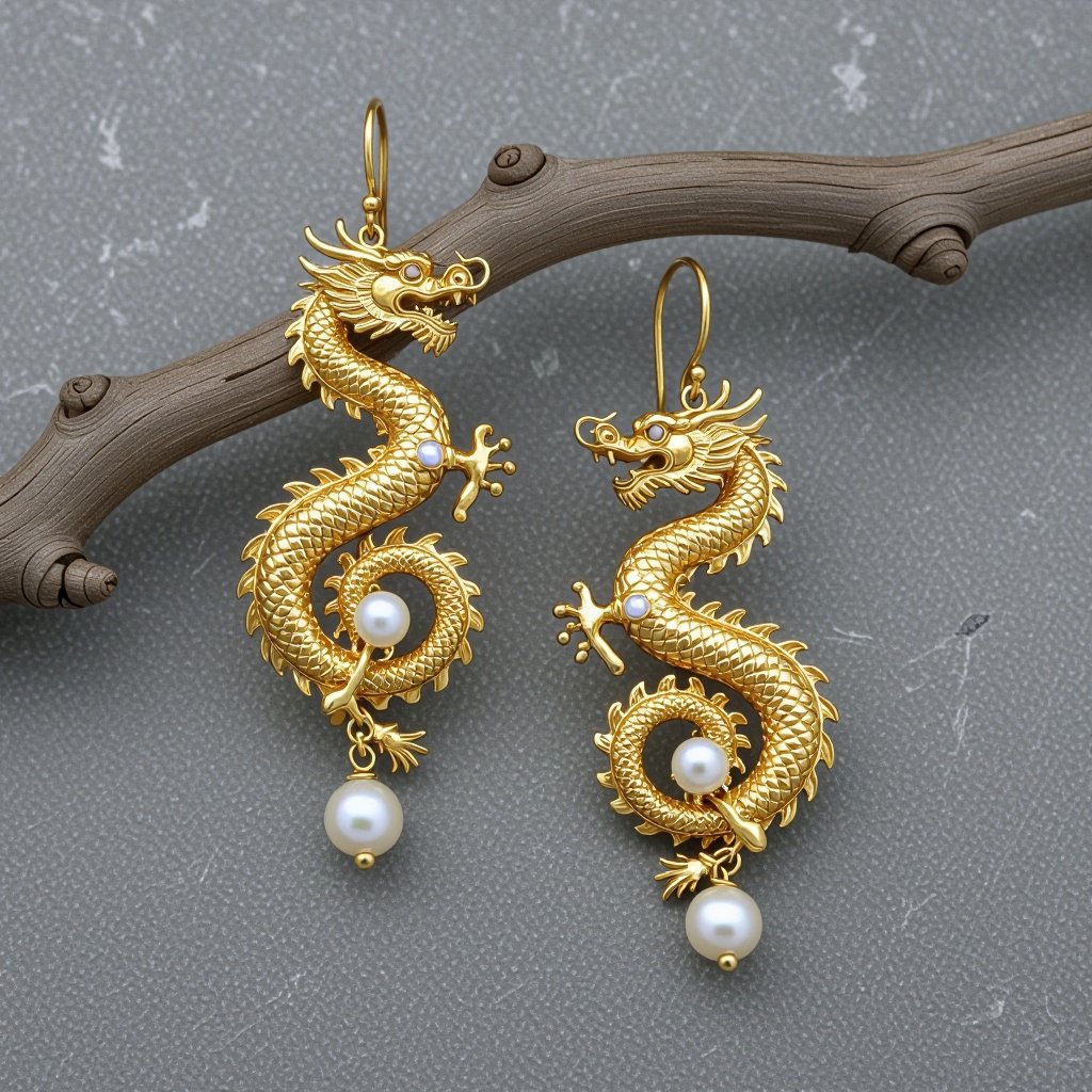 Золотые серьги с изображением дракона узоры и жемчуг 