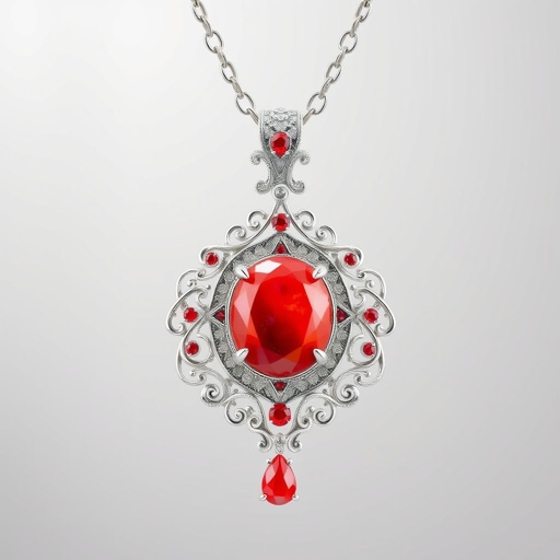 , 15 carat red coral Opal-cut, FI IF with Filigree chain