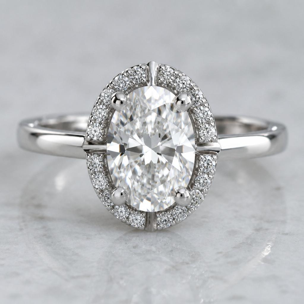 Oval diamond centre ring in white gold with halo of diamonds but the halo is split into four sections at the prongs
photorealistic jewelry design, Oval diamond centre ring in white gold with halo of diamonds but the halo is split into four sections at the prongs , bespoke style, just the design no text