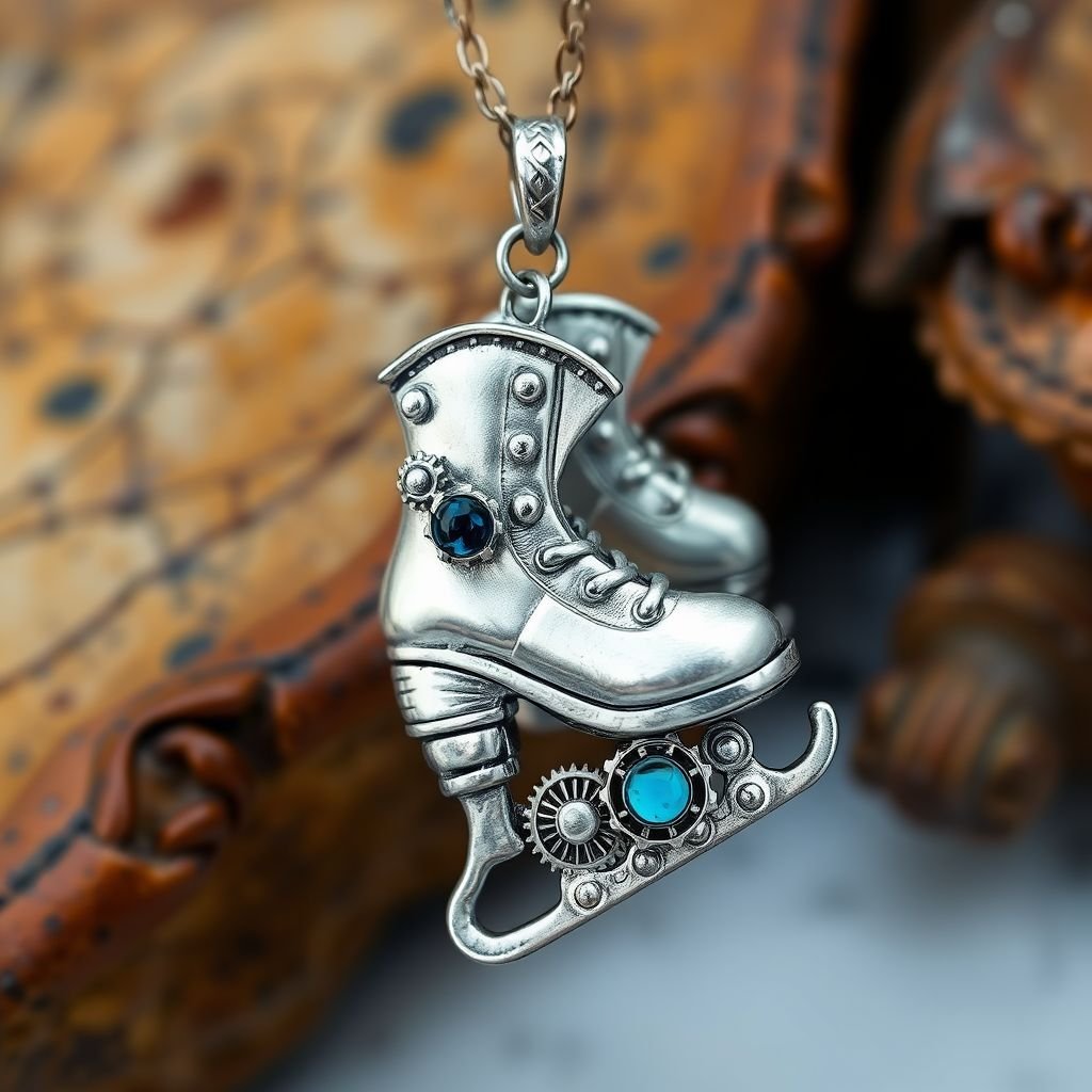 Pendant silver with stylized ice figure skating skates. Remove boots and leave only lowest part of skates. Add turquoise