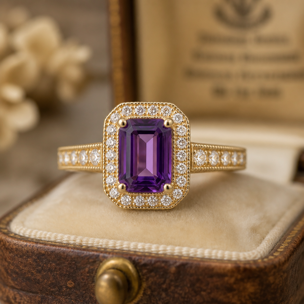 14k yellow gold halo vintage ring with an emerald cut Amethyst that's 11x9mm. There should be small diamonds in the halo and down the band. with milgrain.
Vintage jewelry: 14k yellow gold halo ring, vintage style, 11x9mm emerald cut amethyst. Diamond halo and diamond accents down the band. Milgrain edges.