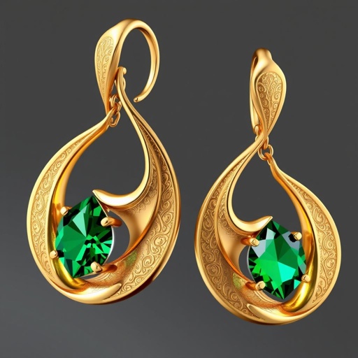 Heavy earrings golden and green diamonds