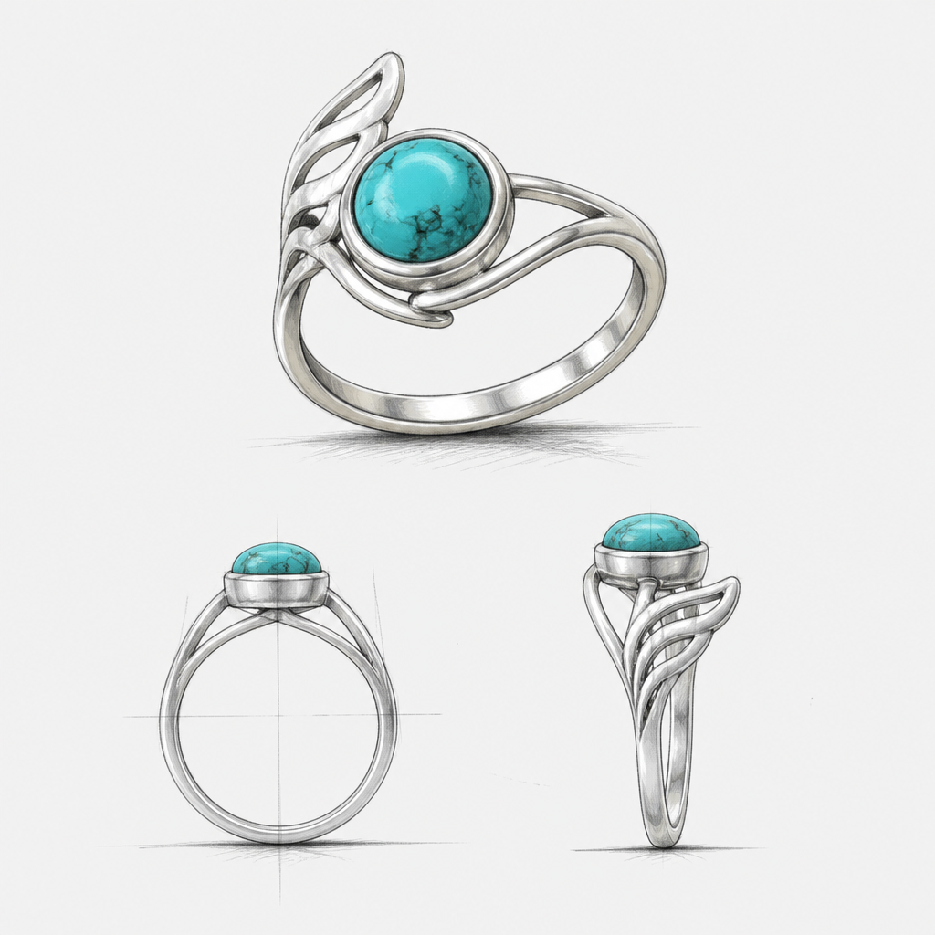 احتاج رسم سكتش لتصميم خاتم يعبر عن الأمل بحجر الفيروز و معدن الفضه
photorealistic jewelry design, احتاج رسم سكتش لتصميم خاتم يعبر عن الأمل بحجر الفيروز و معدن الفضه , just the design no text