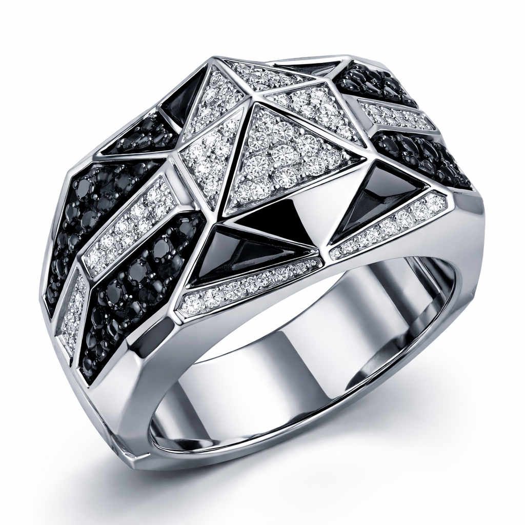 Geomatric pyramid sharp angles edgy angles ring for men of rectangular and sqaure shape of white and blcak diamonds of unique design and special shape