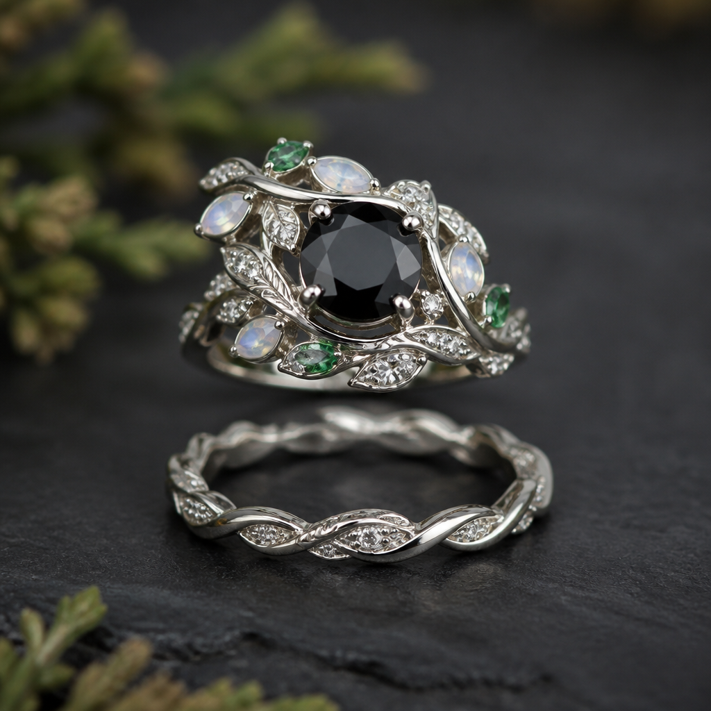 White gold vines wrapped around a black diamond and emerald and opals leaves with a matching vine twisted wedding band to match
photorealistic jewelry design, White gold vines wrapped around a black diamond and emerald and opals leaves with a matching vine twisted wedding band to match , nature_inspired style, just the design no text