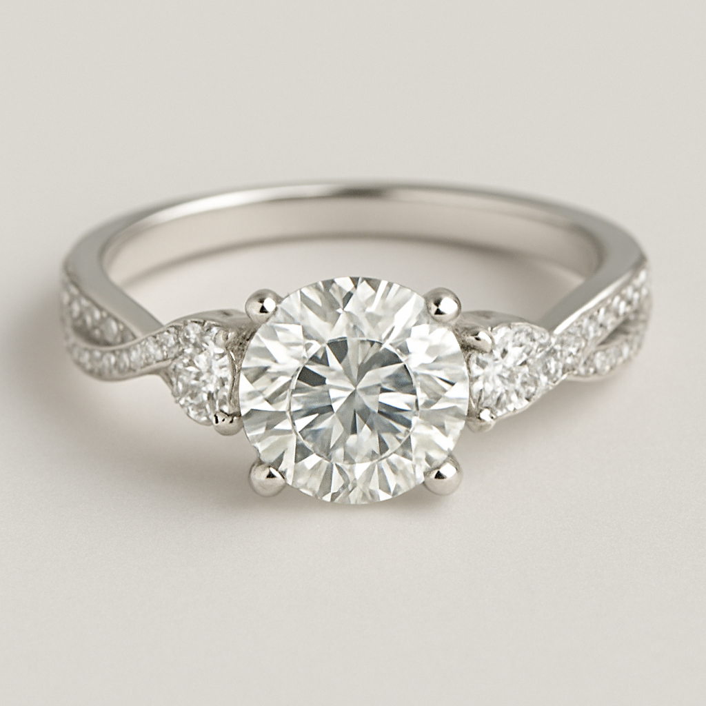 3 carat round diamond with .6 diamond on each side with twisted pave band 