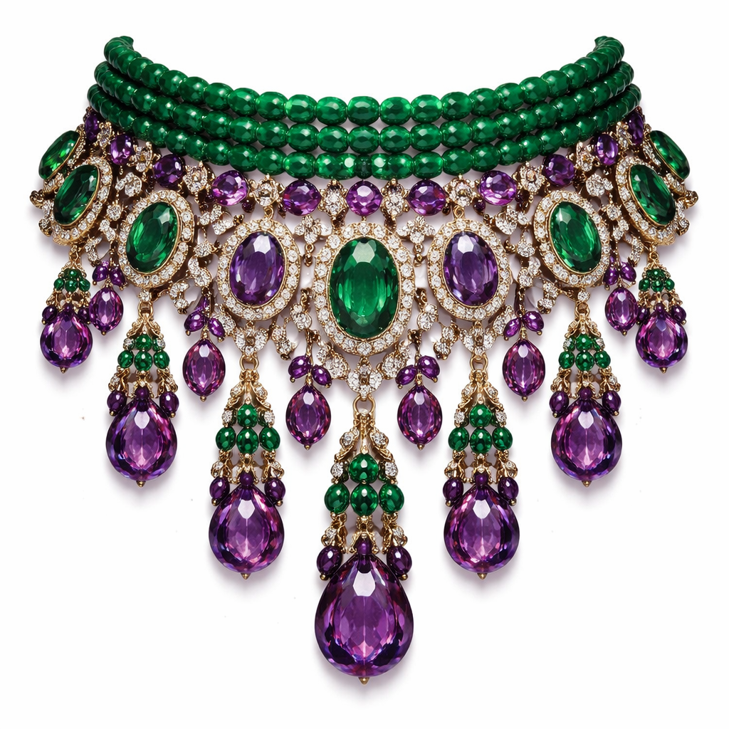 A statement necklace using green and purple beads