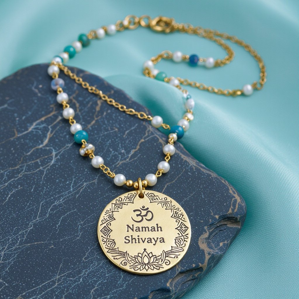 Кулон на длинной цепочке. Матовое светлое золото. В цепочке небольшие золотые шарики и синие камушки и жемчуга. Кулон в форме неровного мятого круга. На круге изображена надпись на санскрите om namah shivaya. Круг украшен лотосами звездами волнами узорами