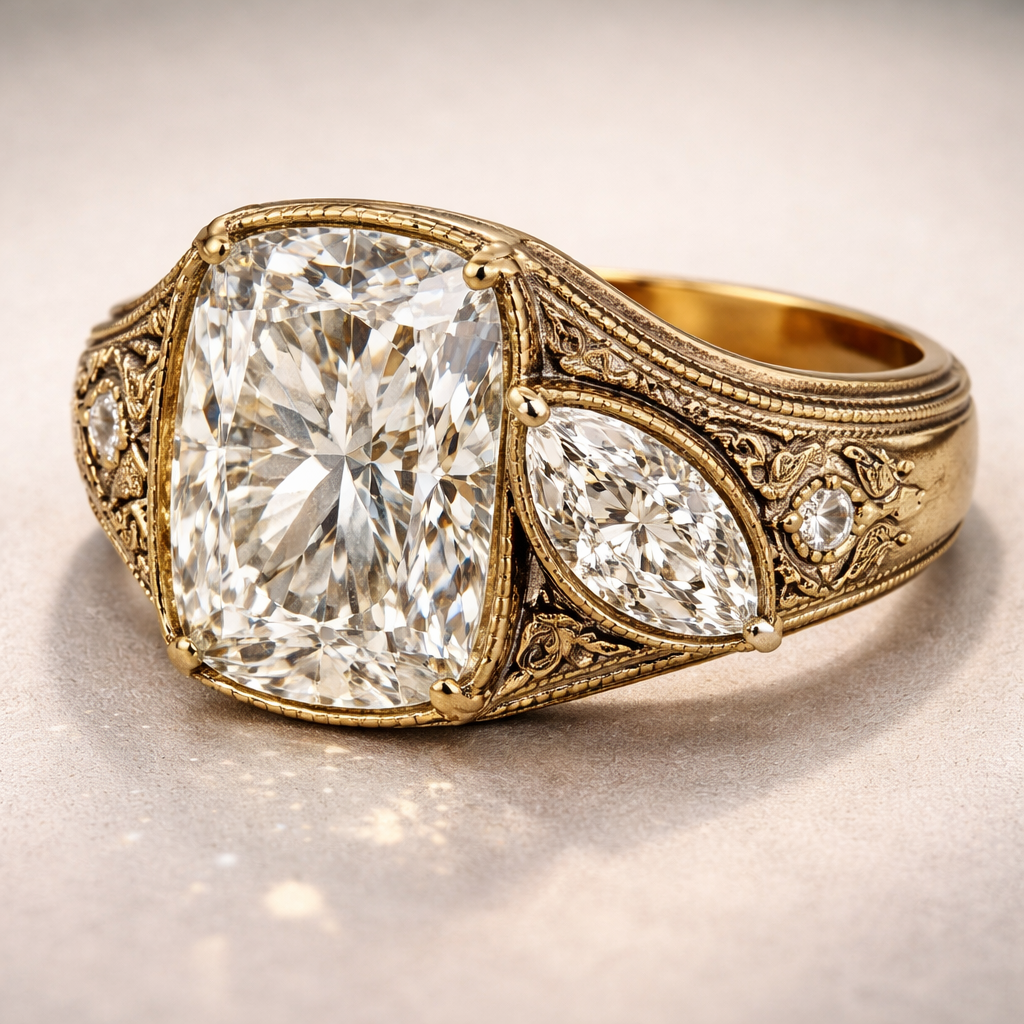 Vintage-inspired, nontraditional men’s ring featuring two asymmetrical diamonds. The ring is designed with a bold yet refined vintage band, intentionally avoiding traditional masculine or signet-style designs. Total combined carat weight is 6.5 carats, making the ring substantial and eye-catching. The primary stone is a RECTANGULAR CUSHION-CUT DIAMOND, elongated with softly rounded corners, showcasing deep, antique-style brilliance rather than a sharp modern sparkle. The secondary stone is a MARQUISE-CUT DIAMOND, slightly smaller, positioned alongside the cushion cut in an asymmetrical layout. The marquise diamond is set horizontally or at a subtle angle, its pointed ends creating contrast against the rounded cushion shape. Both diamonds are high-clarity, near-colorless, with a luminous, old-world glow. The band is crafted in antique yellow gold or softened platinum, featuring vintage detailing such as milgrain edging and a lightly worn heirloom finish. The band is solid and substantial, but elegant—designed to feel luxurious and expressive rather than traditionally masculine. Overall, the ring feels romantic, confident, and distinctly queer—a statement piece worn by a gay man with strong personal style. This is not a wedding band, but a personal, fashion-forward heirloom ring with vintage character and modern edge.