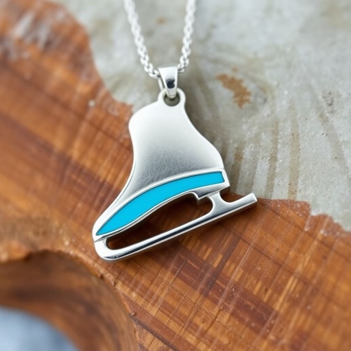 Silver Pendant shape one ice skate with turquoise stripe inside the low thin part blade